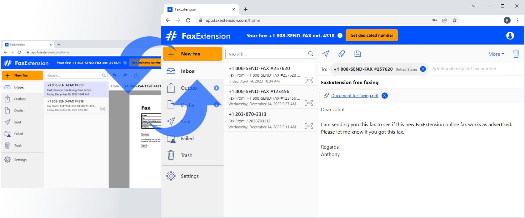 Unlimited free faxing between FaxExtension users